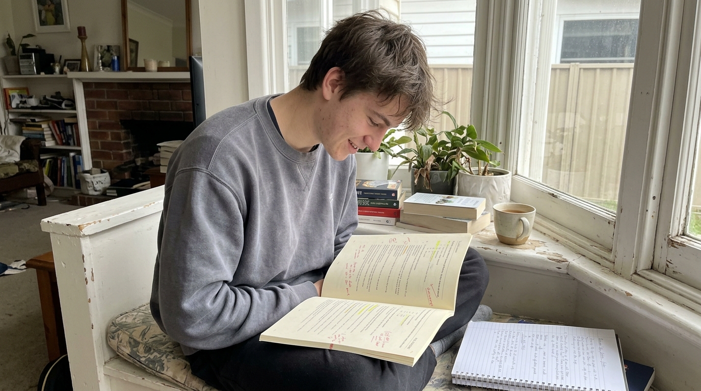 Year 12 Australian student cross-legged in a window seat reading an annotated VCE past-paper booklet with handwritten study notes beside