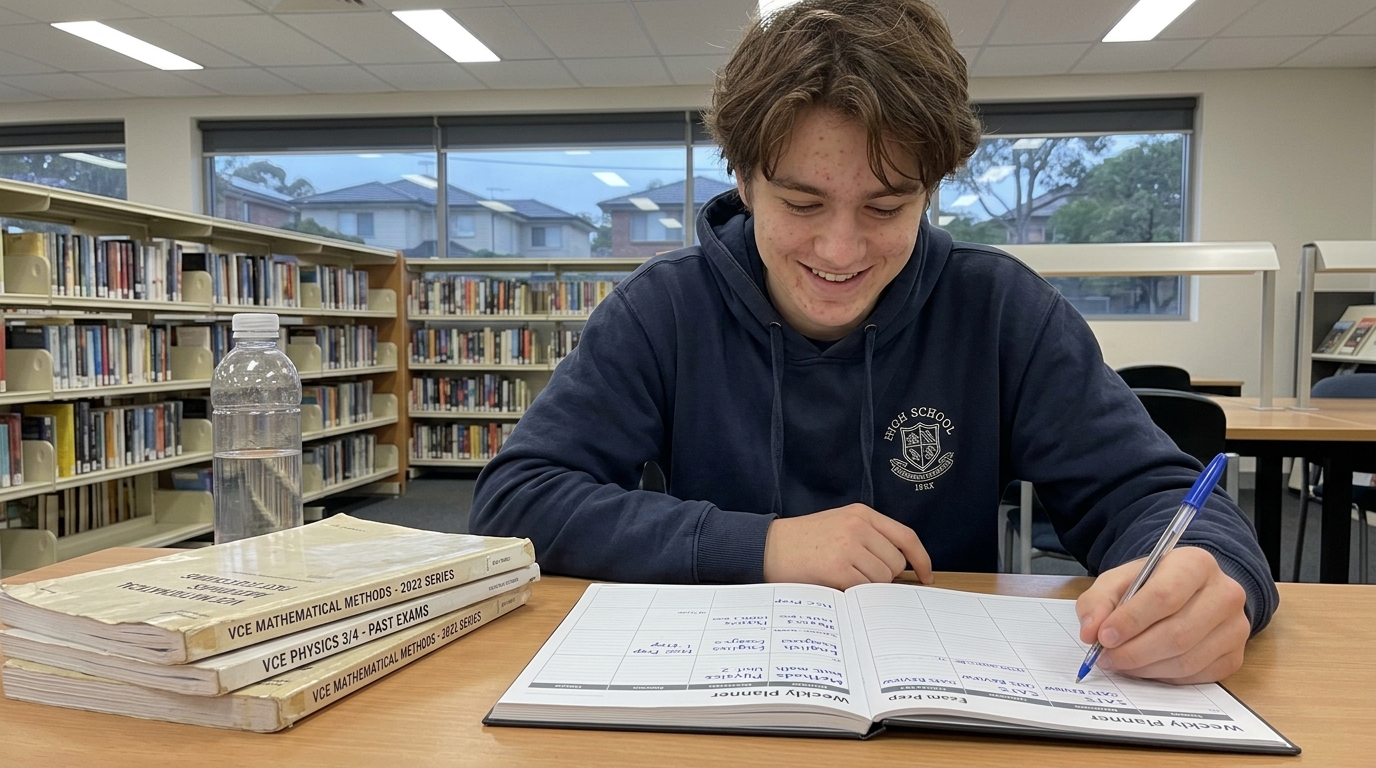 Year 11 Australian student at a library study desk filling in a weekly study planner with VCE past papers stacked nearby