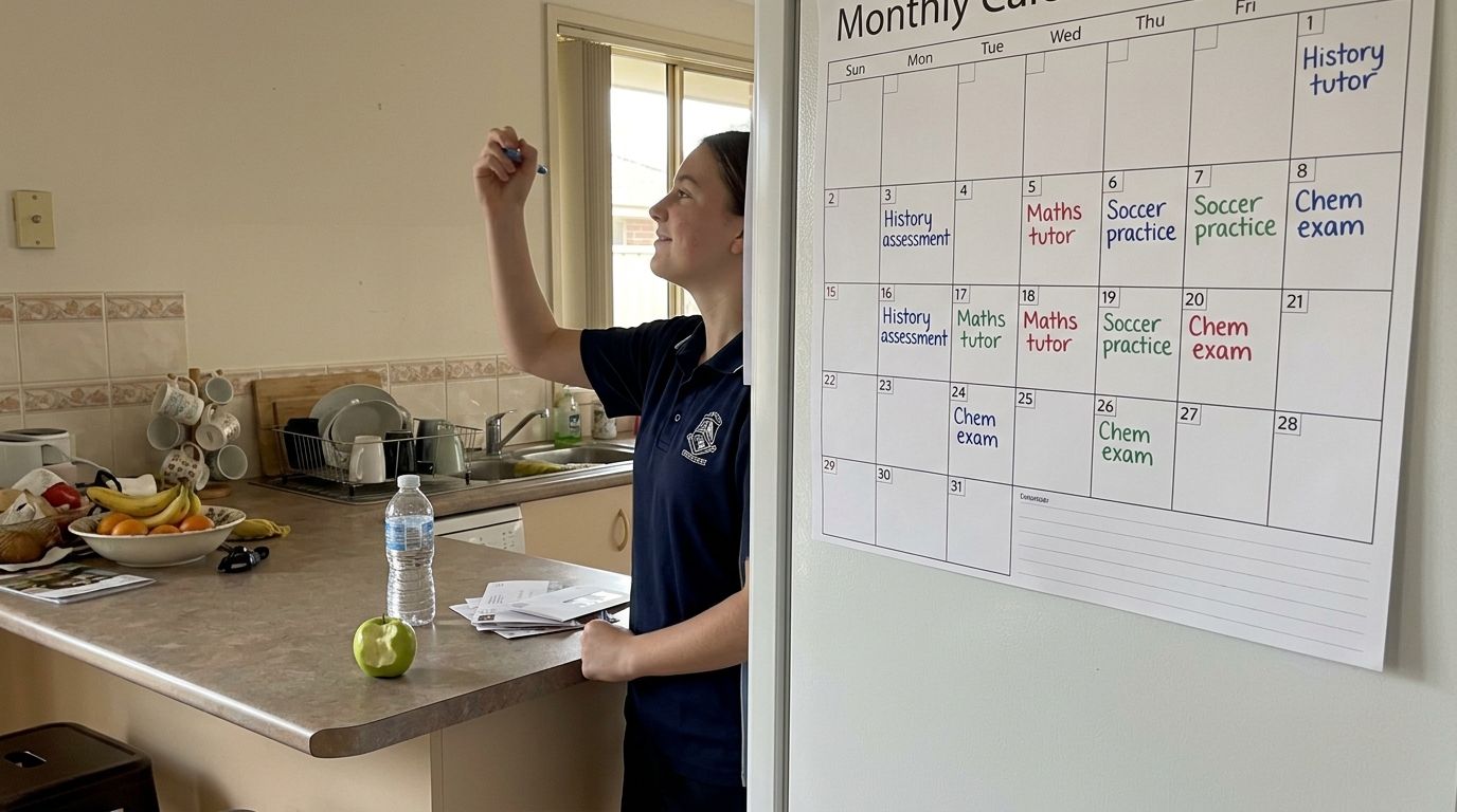 A Year 12 student at a kitchen island in the late afternoon, writing next week's subject blocks and exam dates onto a large monthly wall calendar.