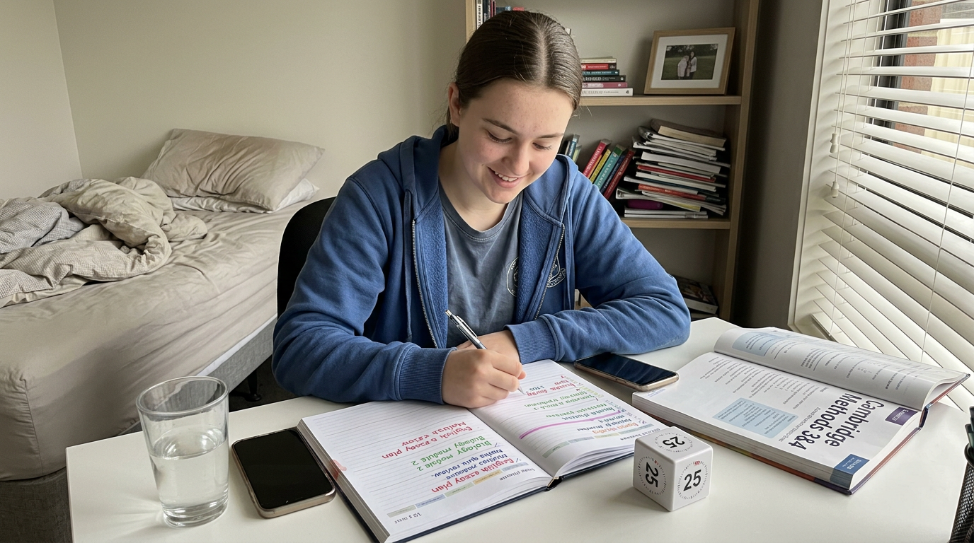 A Year 11 student at a tidy bedroom desk in early-morning light, marking off a study block on a paper weekly planner with a small Pomodoro timer beside it.