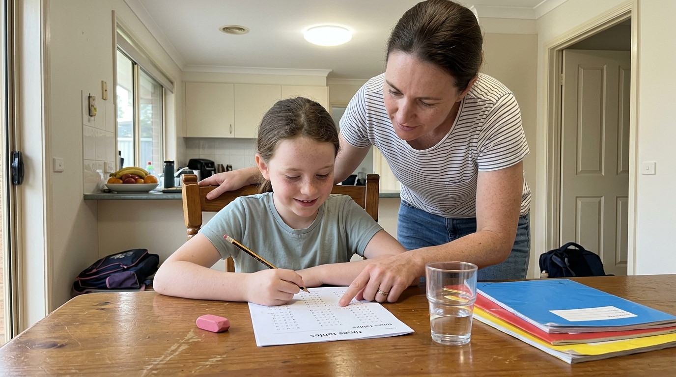 Parent leaning over to point at a tricky question on an elementary-school math worksheet at the dining table while the child works it out