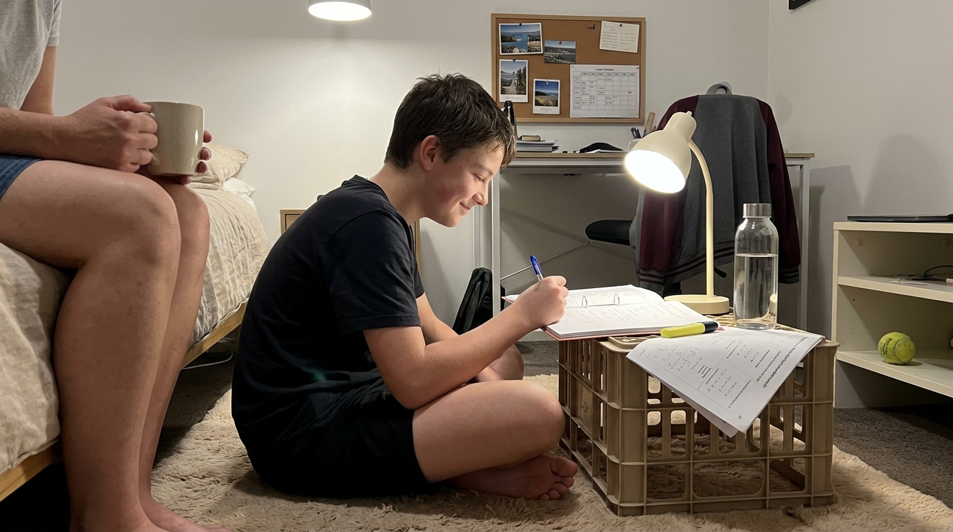 Middle-school student working through algebra in their bedroom with a parent nearby on the bed for quiet support