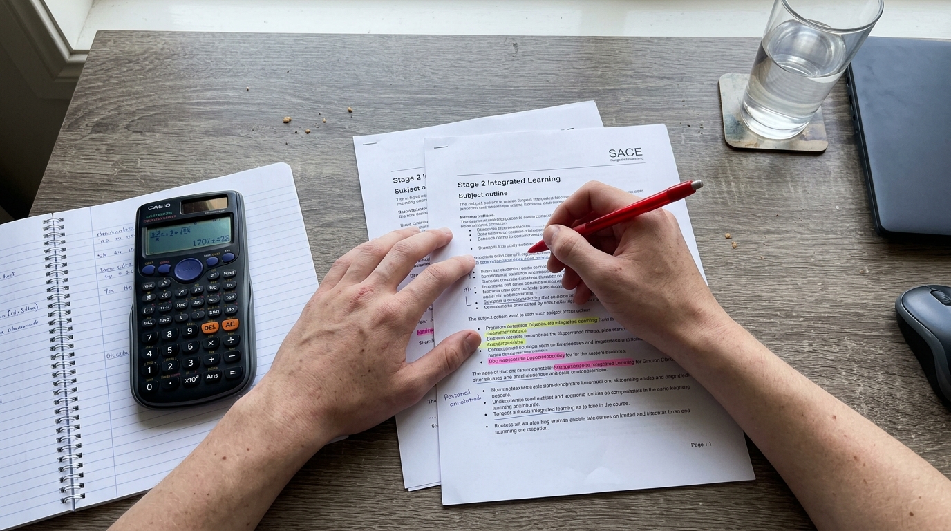 An Adelaide Year 12 SACE Stage 2 student annotating their printed syllabus document with a red pen at a home study desk