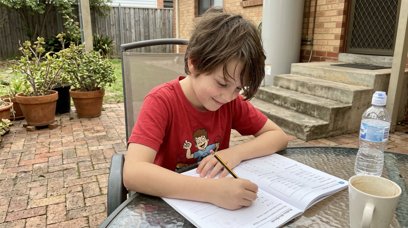 An Adelaide primary-school child working through a maths workbook on a backyard patio table at home, focused on the page