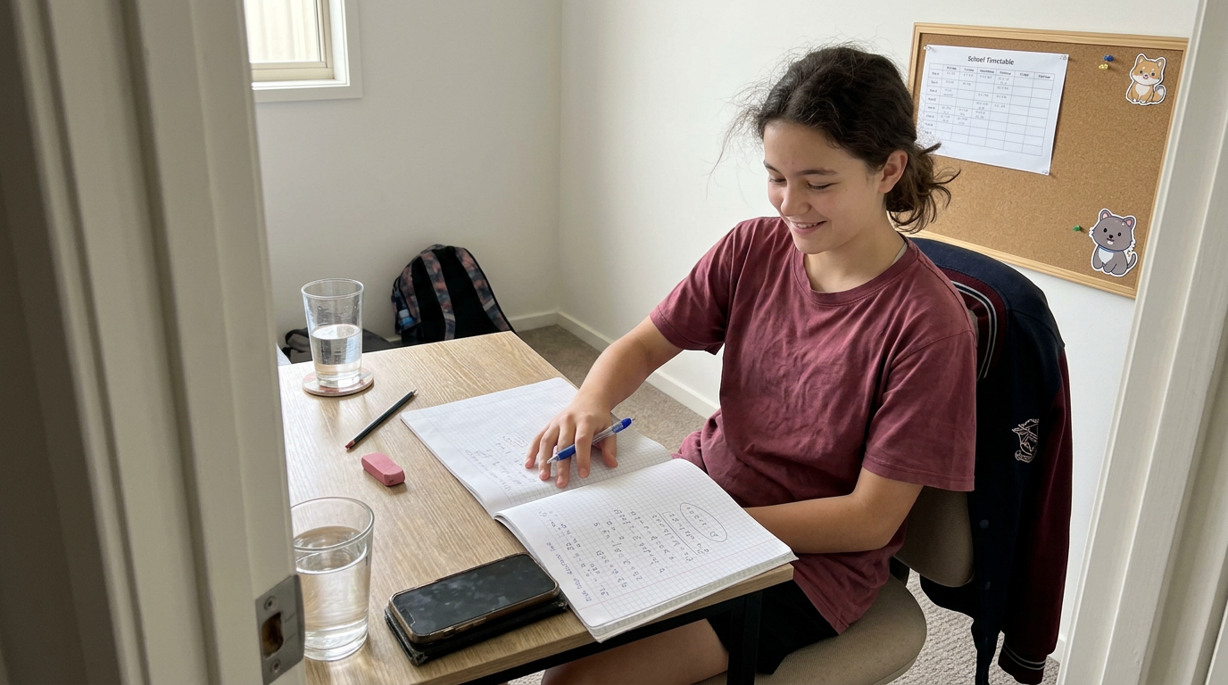 Middle-school student at home desk with quiet smile of relief after finishing a hard math problem