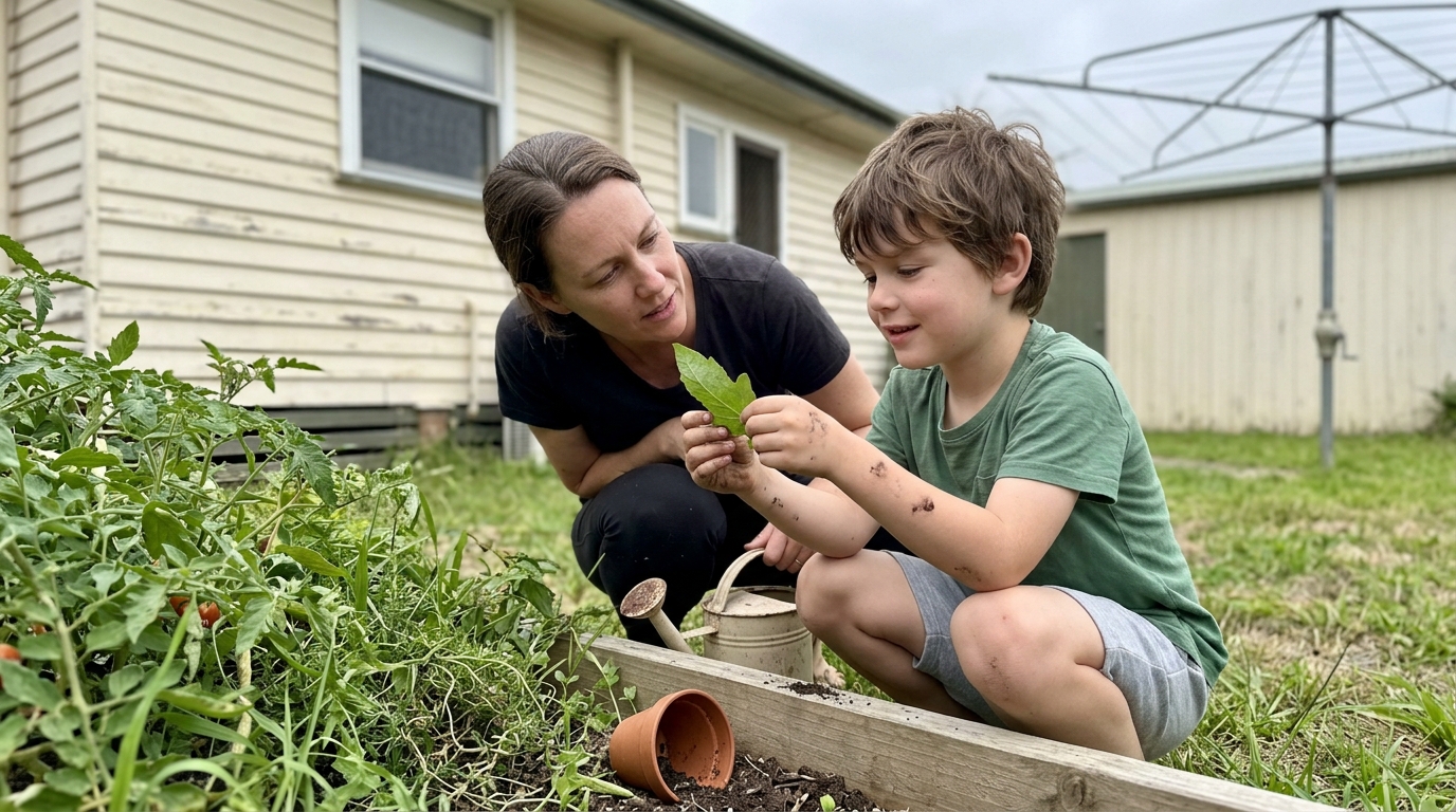 Parent and elementary-school child crouched at a backyard veggie patch, child explaining something they are curious about