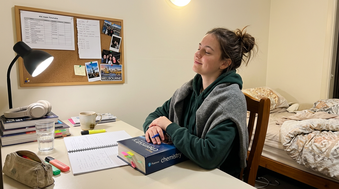 A Year 12 student sitting back from her desk with closed textbooks, a small relieved smile, taking a deep breath at the end of an evening study session.