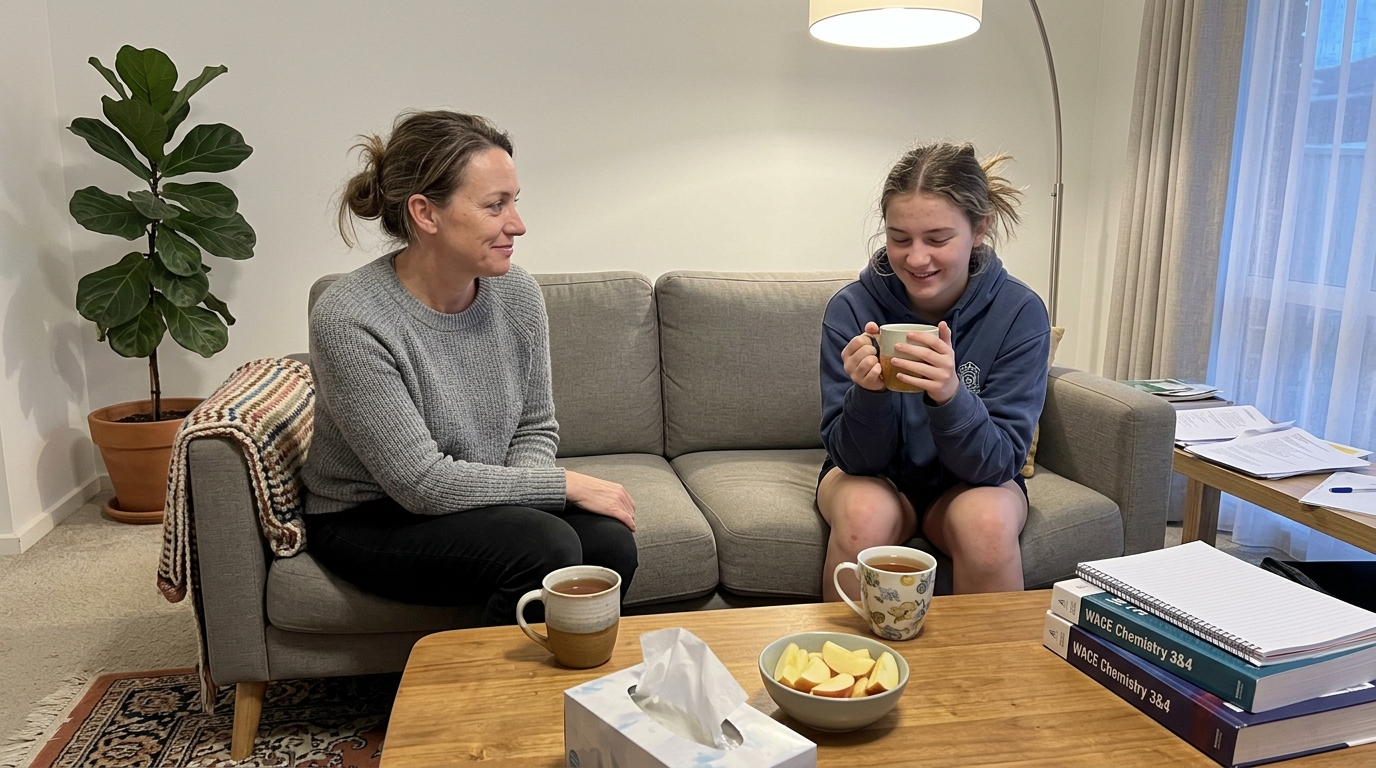 An Australian parent and their senior high school child sitting on the couch with mugs of tea and books closed on the coffee table, having a calm pre-exam talk.
