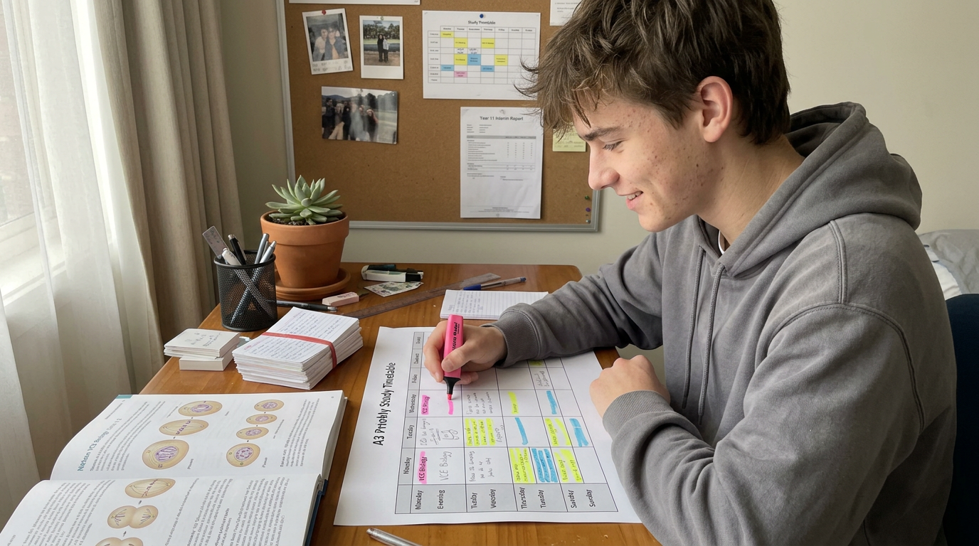 Year 11 VCE student building a colour-coded weekly study planner with VCE Biology textbook and flashcards