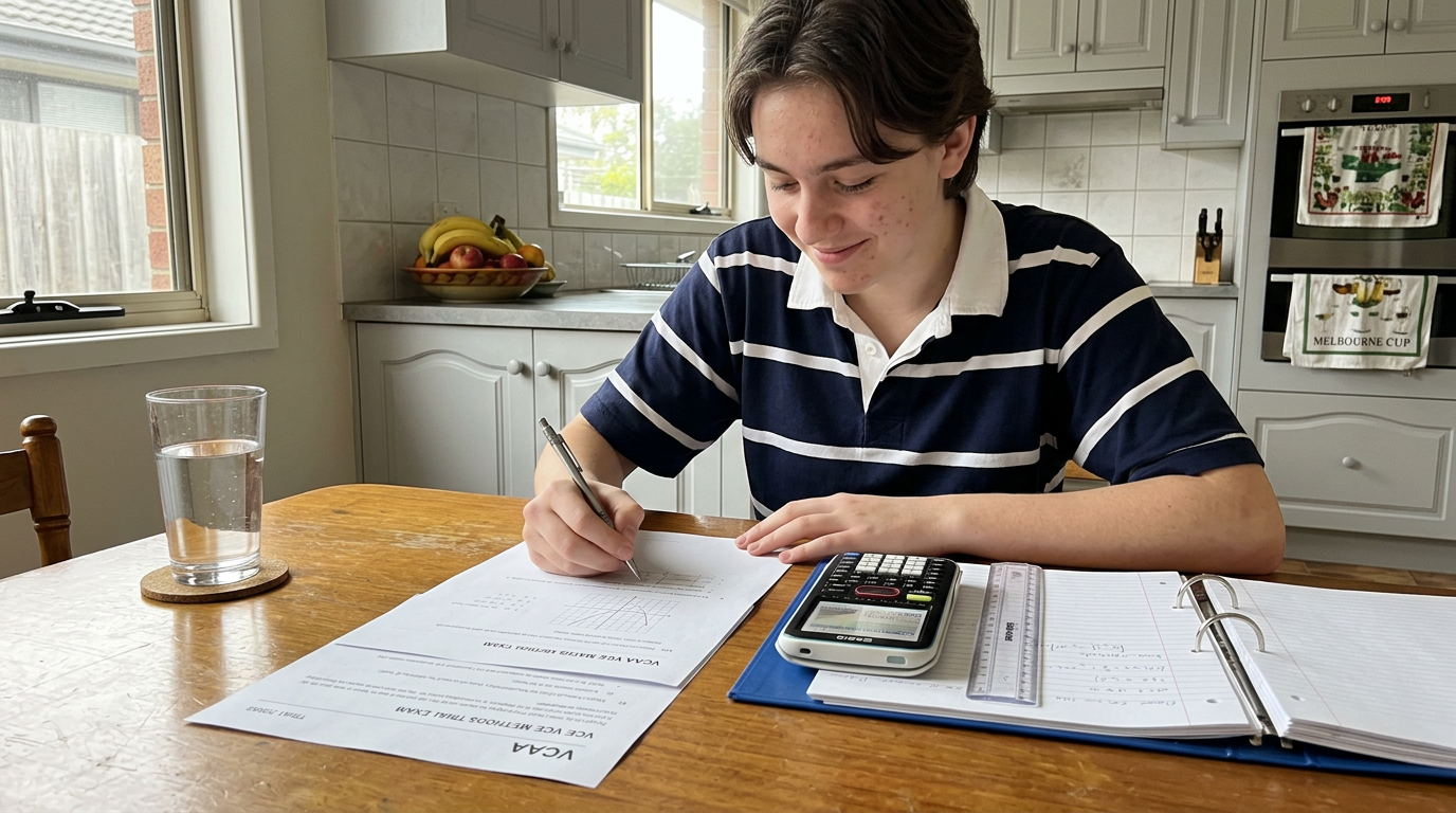 Year 12 VCE student working through a VCAA Maths Methods past paper at a Melbourne kitchen table