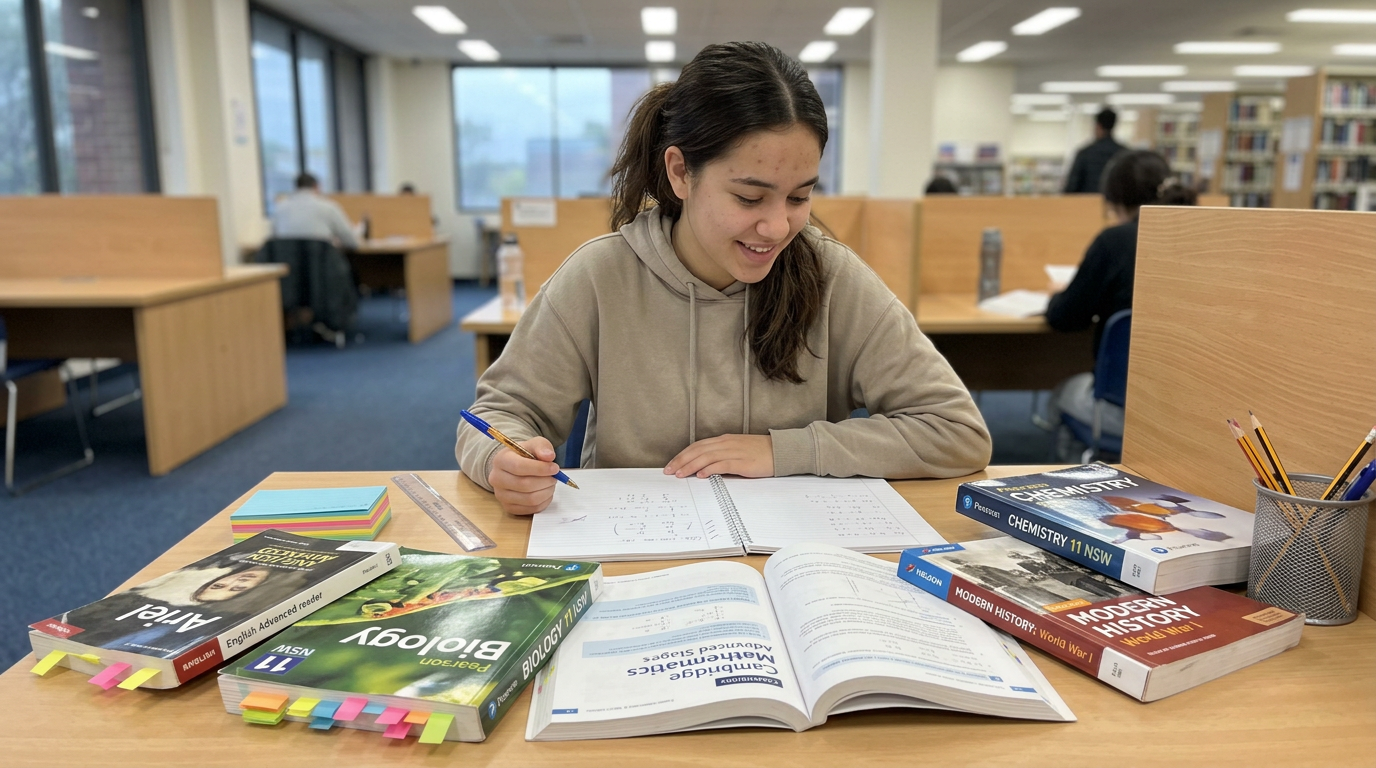 A Year 11 HSC student at a public library study desk with five subject textbooks fanned across the desk, working through a Mathematics Advanced problem on Saturday morning.