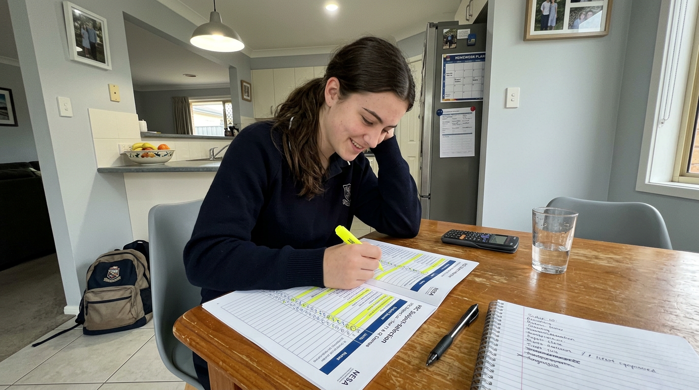 A Year 10 NSW student highlighting subject options on a NESA HSC subject-selection booklet at the dining table, narrowing down their shortlist.