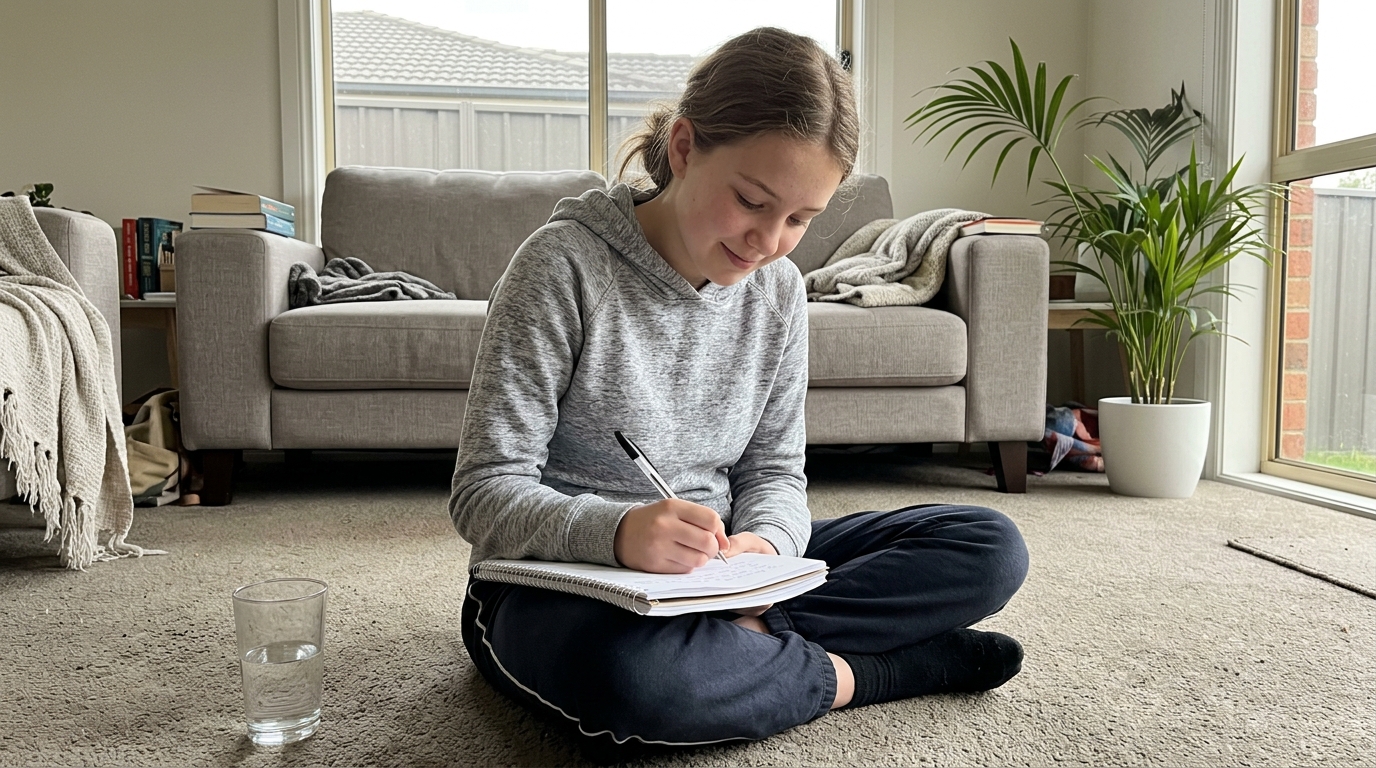 A middle-school student reflecting in a notebook on the living-room floor after school
