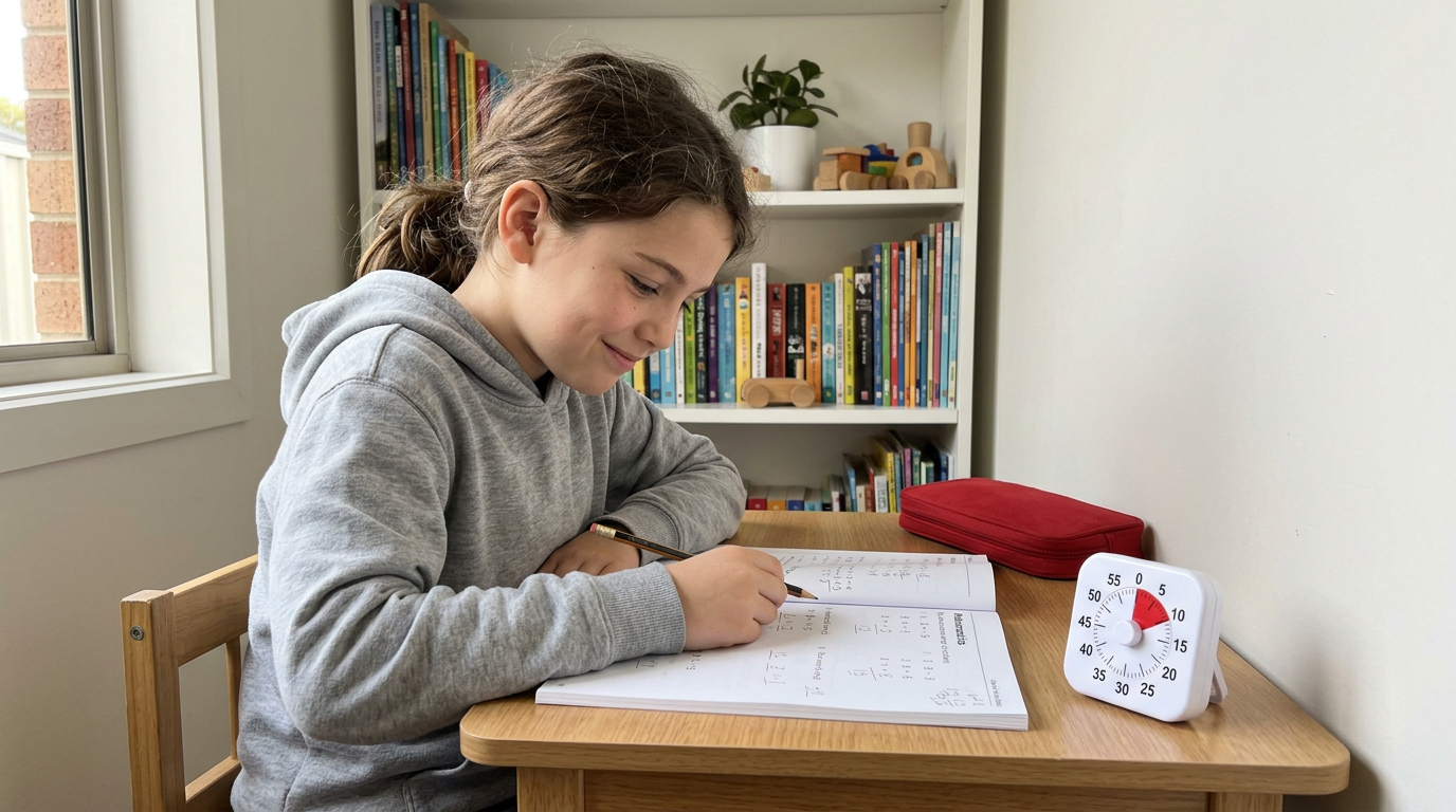 An elementary student focused on a math workbook with a Pomodoro timer on the desk