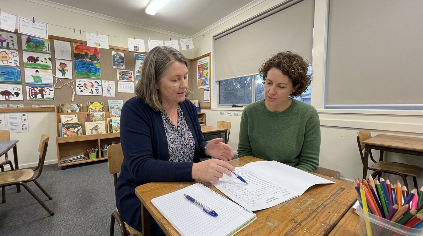 An Australian primary school teacher and parent seated together at a classroom desk discussing a child's school report card after school