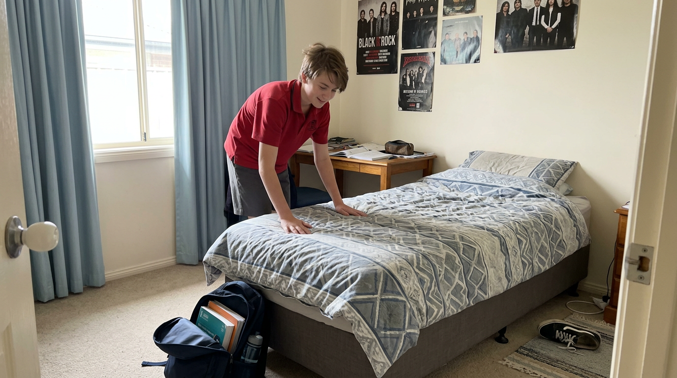 Australian secondary student making their bed before school on a weekday morning