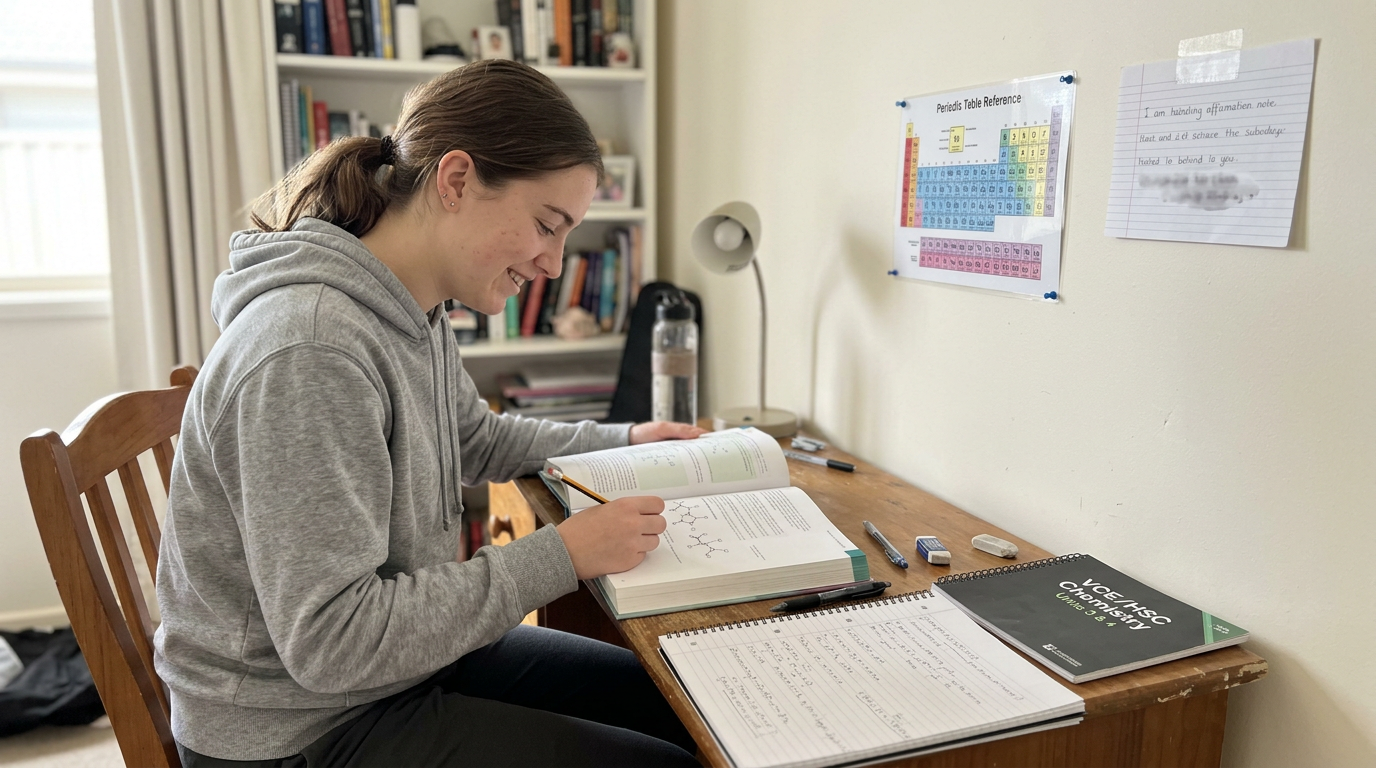 Year 12 student at her home desk studying chemistry for an ATAR pathway to medicine, with a periodic table reference card on the wall.