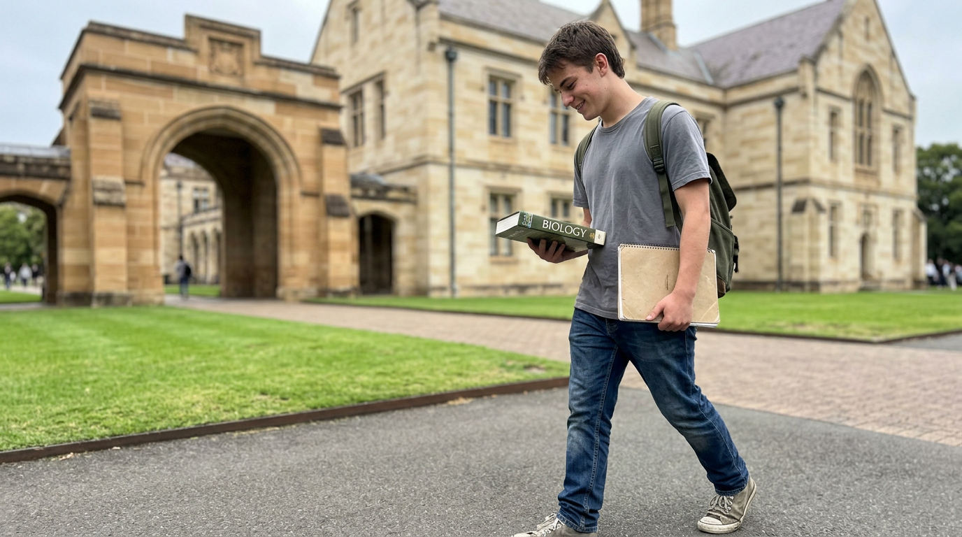 Year 12 student walking through the sandstone grounds of an Australian university on an open day, biology textbook in hand.