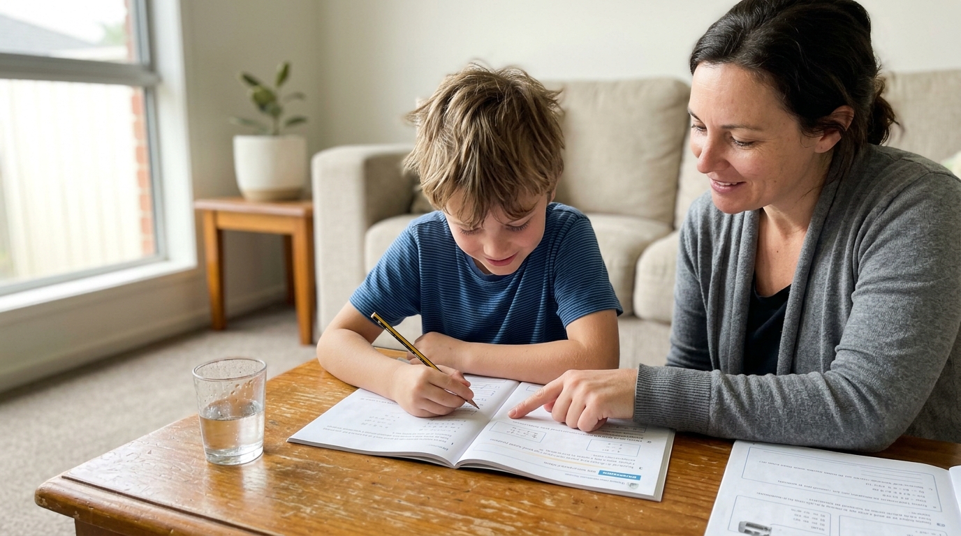 Parent and primary-school child working through a maths word problem together at the living-room coffee table on a Saturday morning.