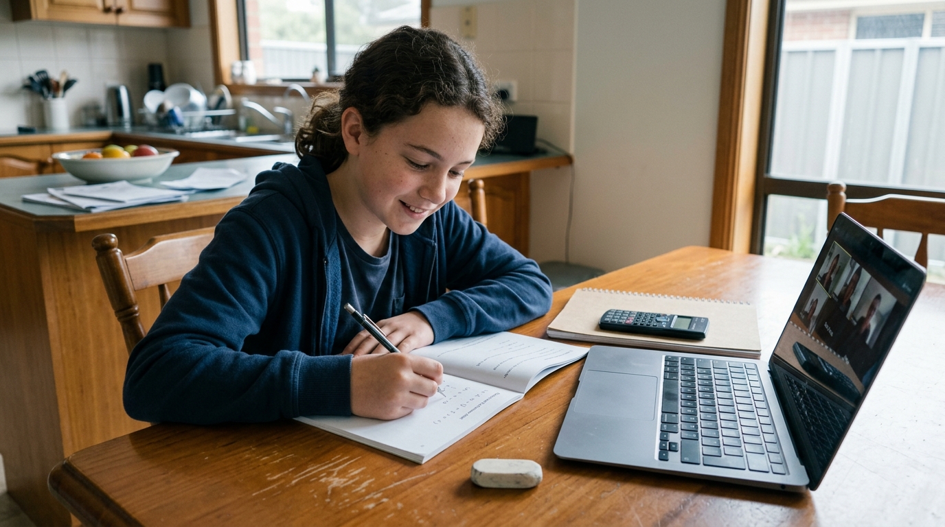 Year 7 student mid-equation at the kitchen table during an online tutoring session, captured in a small private 'I get it now' moment.