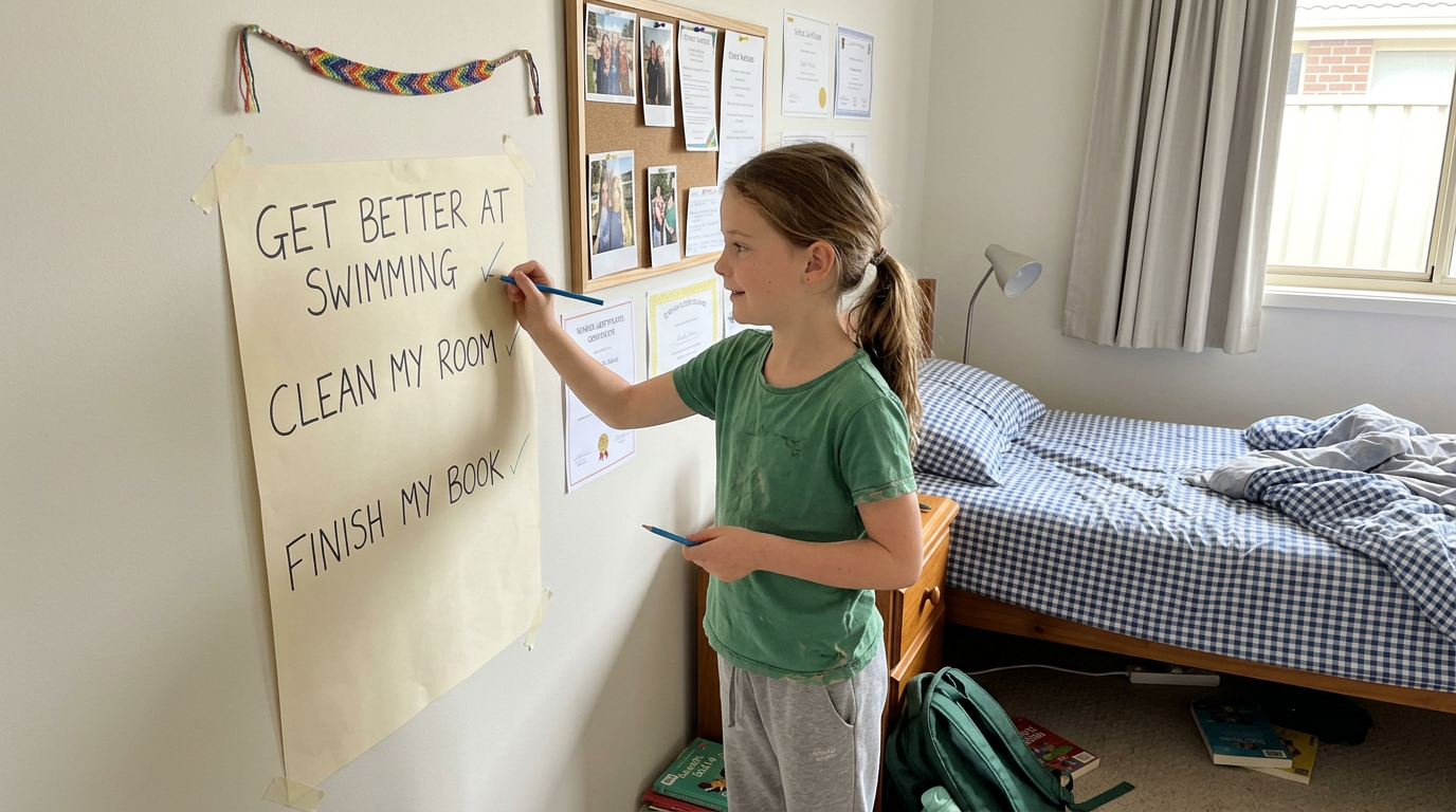Primary-school child in their bedroom adding a tick to a hand-drawn academic goal poster taped to the wall