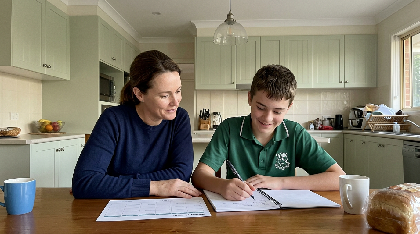 Australian parent and teenager sitting beside each other at the kitchen table writing academic goals together in a notebook