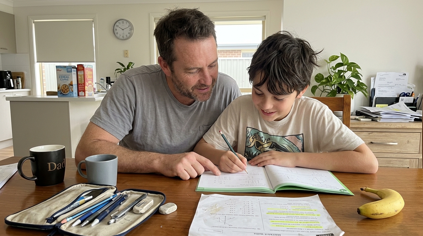 A parent and their middle-school child review an exercise book together at the kitchen table on a Saturday morning, two mugs and a pencil case beside them.