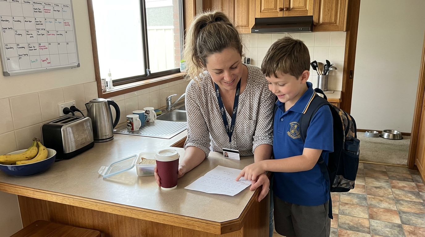 A working parent with coffee and lanyard reads a sheet of writing handed to them by their elementary-school child at the kitchen counter before school.