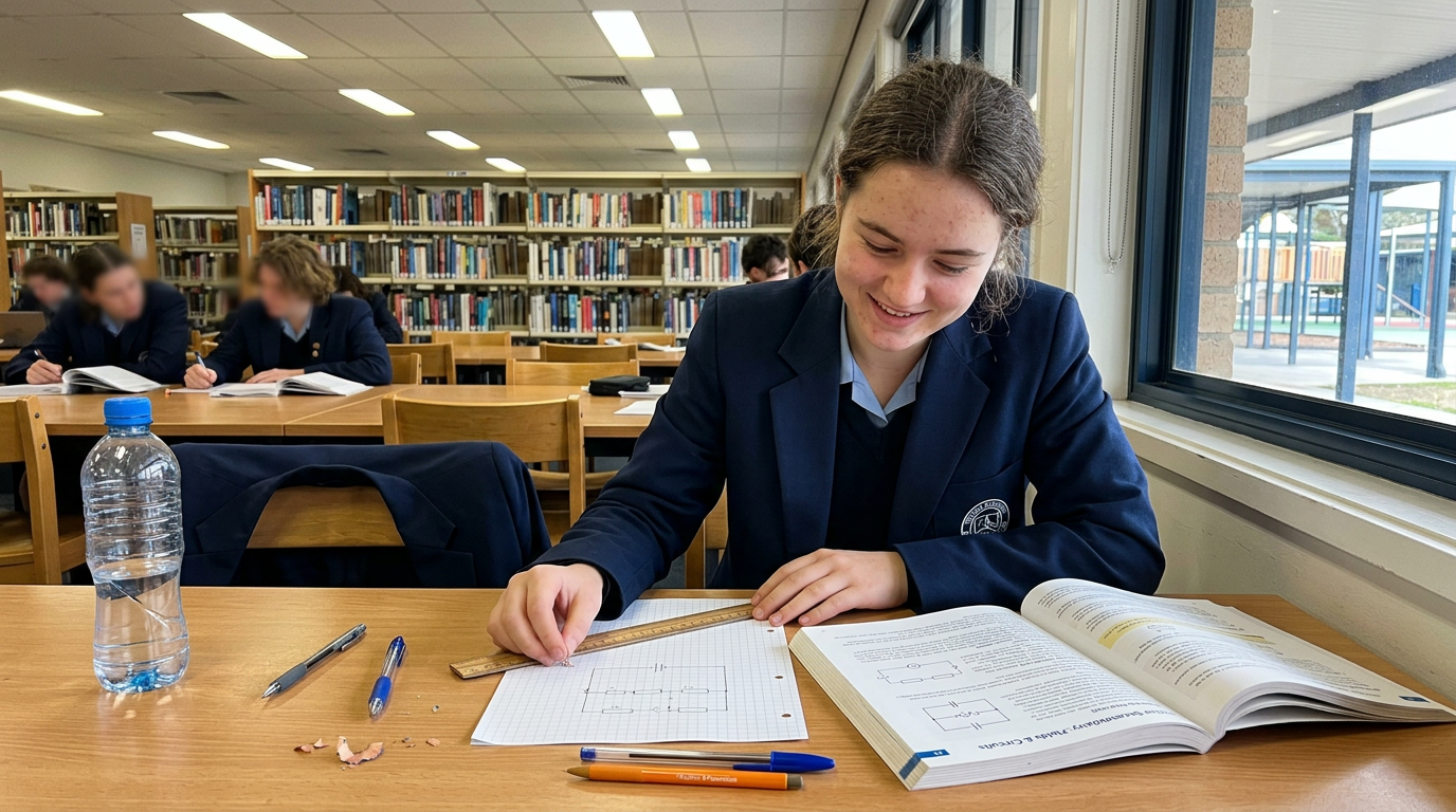 Year 11 student at a school library window-table at lunchtime sketching a circuit diagram on grid paper next to an open senior physics textbook on basic electrical circuits.