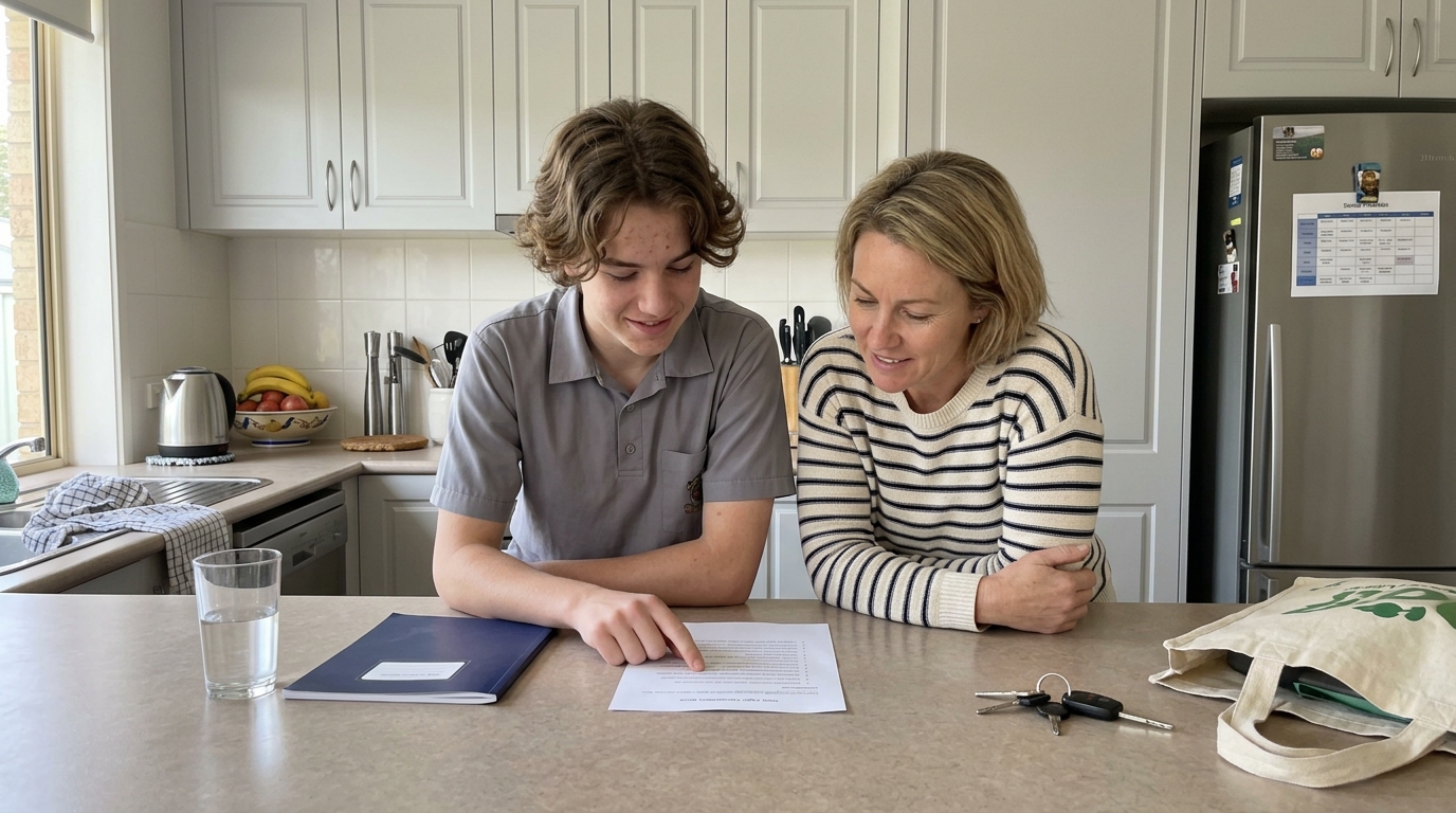 Australian parent and Year 9 student reading the tutor's printed progress notes together at a kitchen counter after a session
