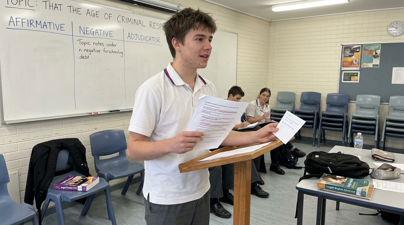 Year 11 student standing at a classroom lectern mid-rebuttal during a school law-society mock-debate, holding an A4 case-brief with three points underlined.
