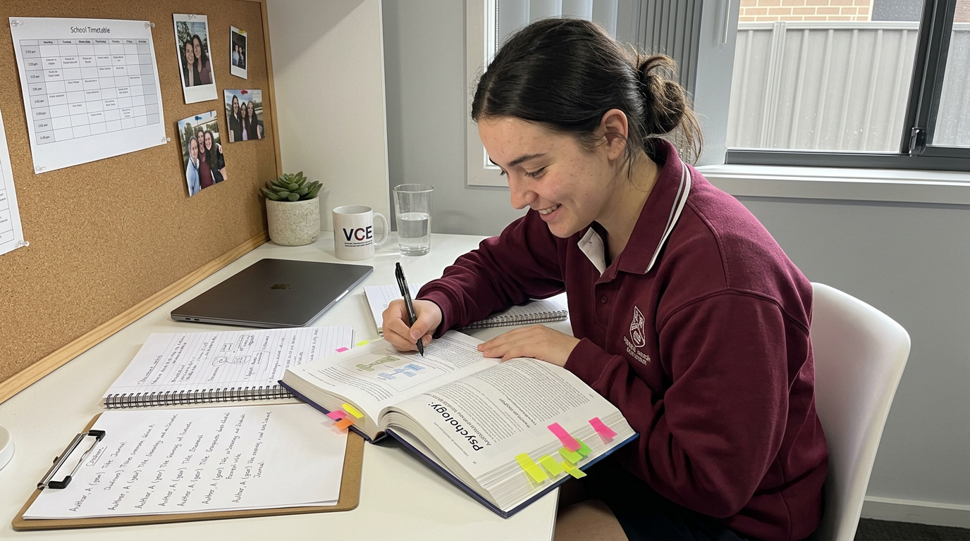 Year 12 student reading a psychology textbook at a study desk, pausing mid-note, with handwritten study notes beside them.