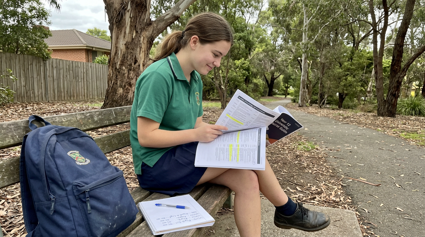 An Australian student outdoors with a printed university course guide open at the Bachelor of Psychology page.