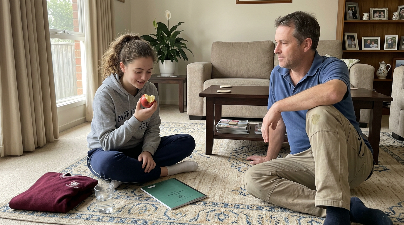 A 9th grade student sits cross-legged on the living-room rug after an exam, closed exam booklet face-down beside them, parent nearby — quiet decompression with no devices in sight.