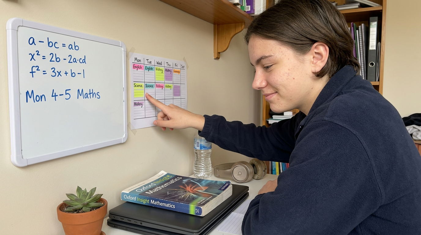 Year 10 teenager at a home study nook with a paper planner, wall whiteboard, water bottle, and headphones in soft afternoon daylight