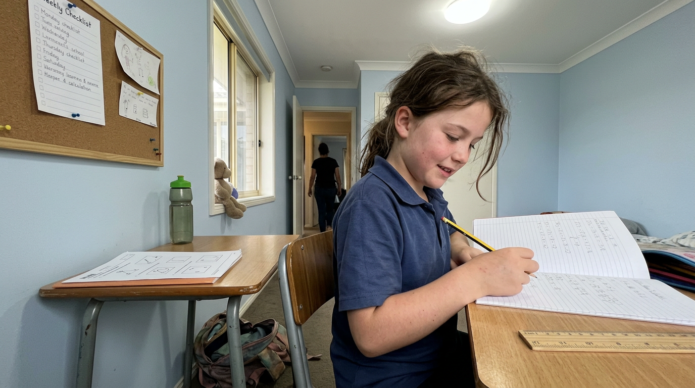 Primary-school child working independently at a bedroom desk with a parent visible only as a soft out-of-focus figure in the doorway