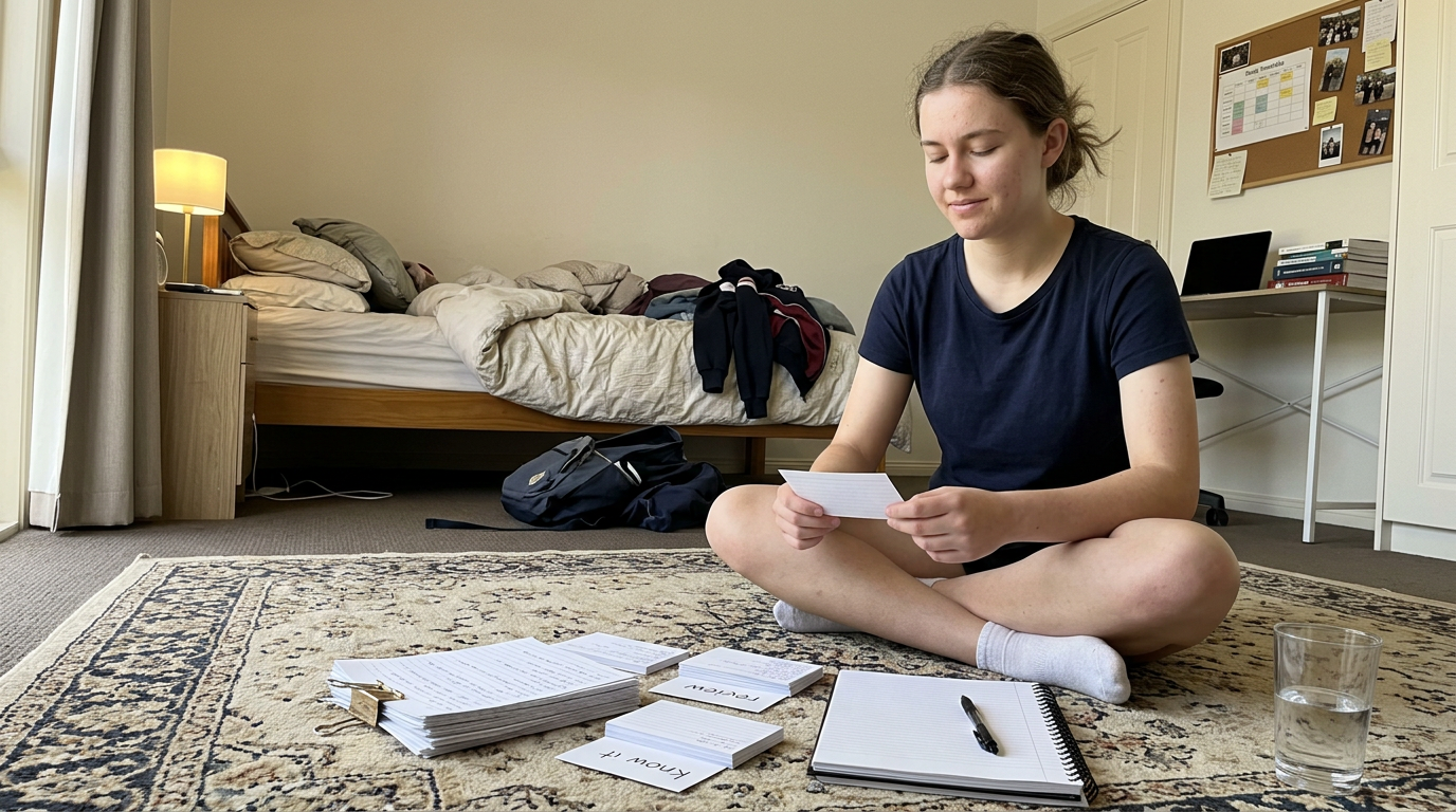 High-school student self-quizzing alone on a bedroom rug with a stack of handwritten flashcards