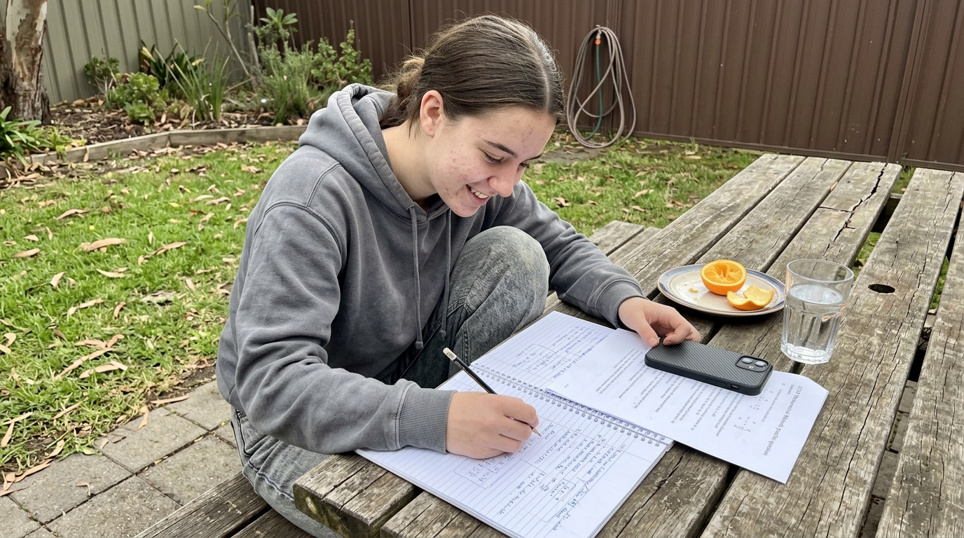 Year 12 Australian student studying at a backyard picnic table on a Saturday morning, working through ATAR practice questions in a paper notebook with a small private smile.