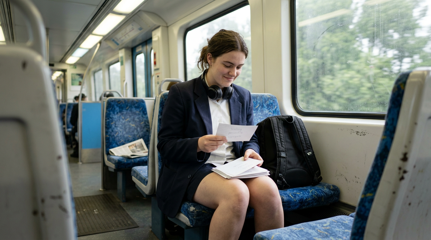 Year 12 student reviewing handwritten flashcards on a Melbourne suburban train carriage, headphones around her neck, squeezing in revision on the commute home.