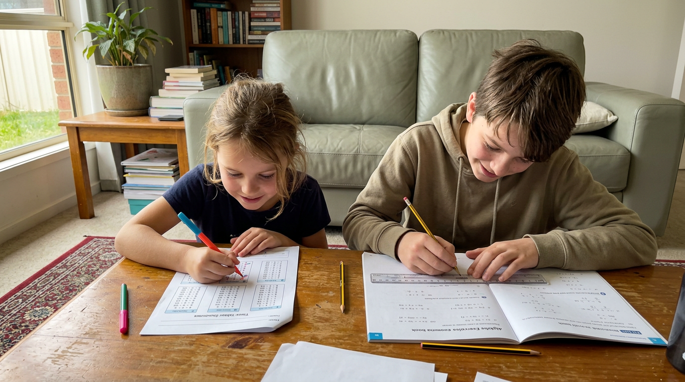 Two siblings at different year levels working on different materials at the same coffee table, illustrating personalised pacing