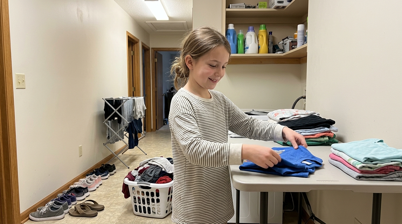 An older child folding clean laundry as part of a regular weekly chore