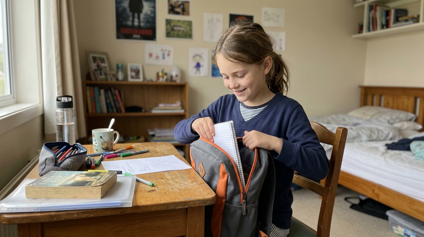 A child packing their own schoolbag for tomorrow at a desk in their bedroom