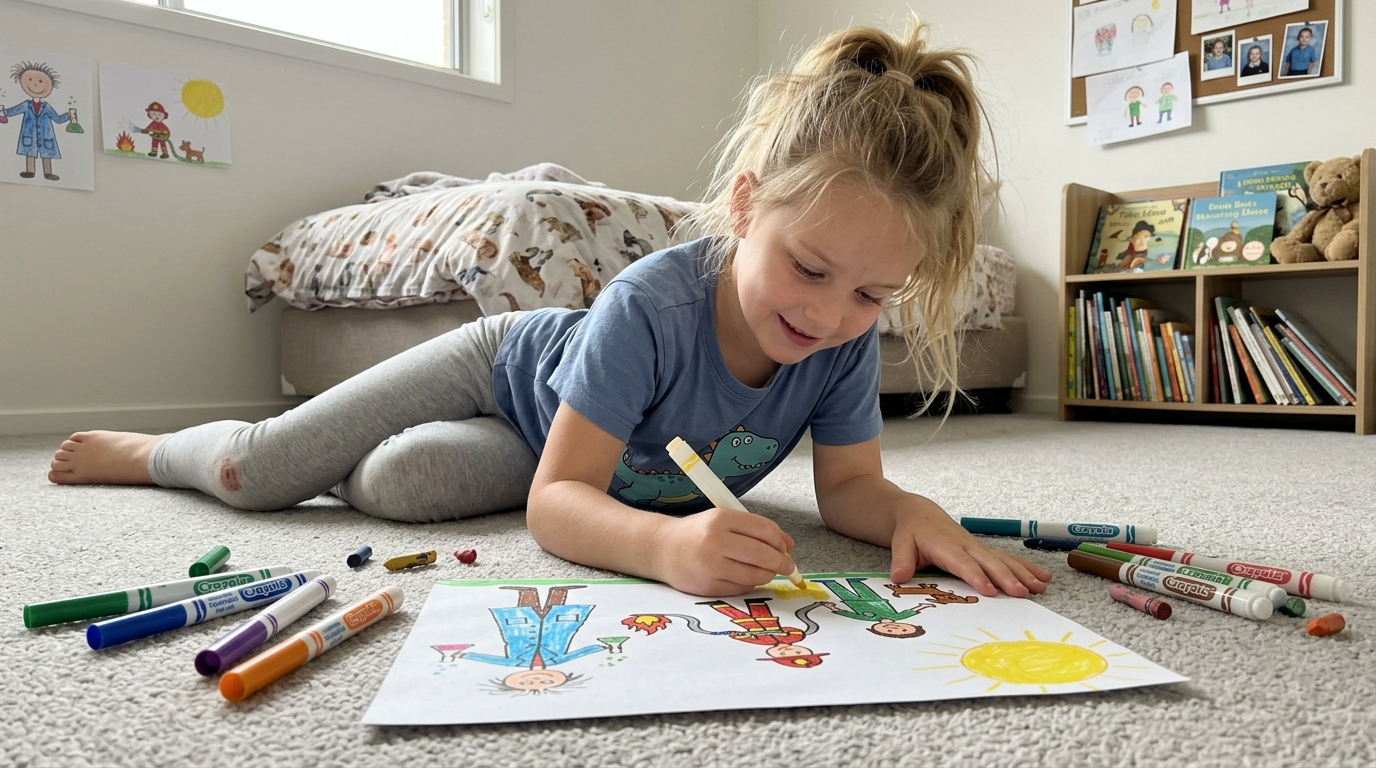 Elementary-school-aged child lying on bedroom carpet drawing a felt-tip picture of future careers including a scientist firefighter and vet