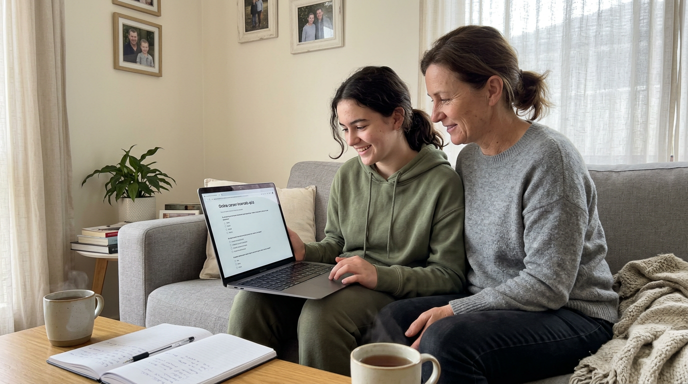 Parent and teenage daughter sitting together on the family sofa working through a career-interests quiz on a laptop on a Sunday afternoon