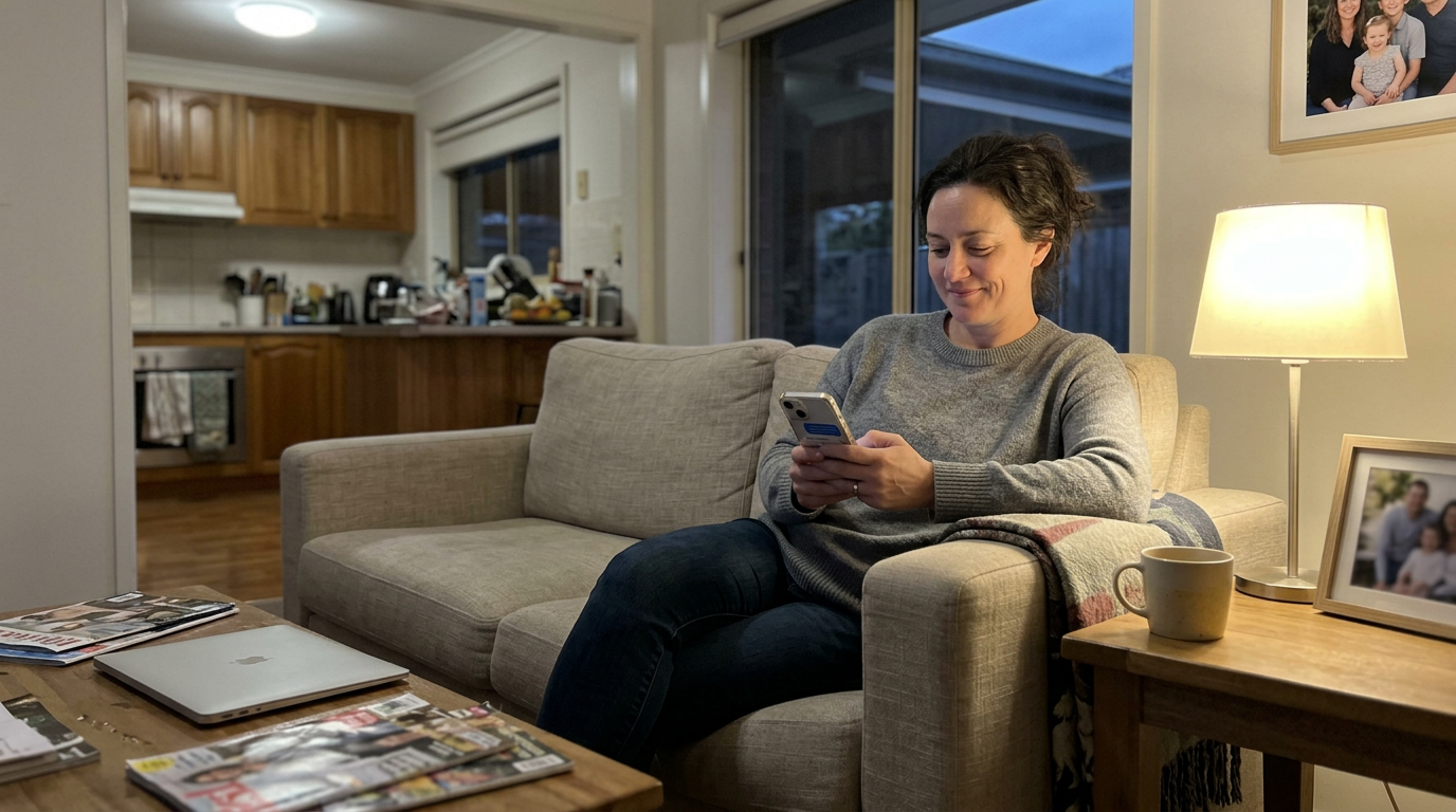 A parent reads a tutor's evening session-recap message on their phone with a small genuine smile