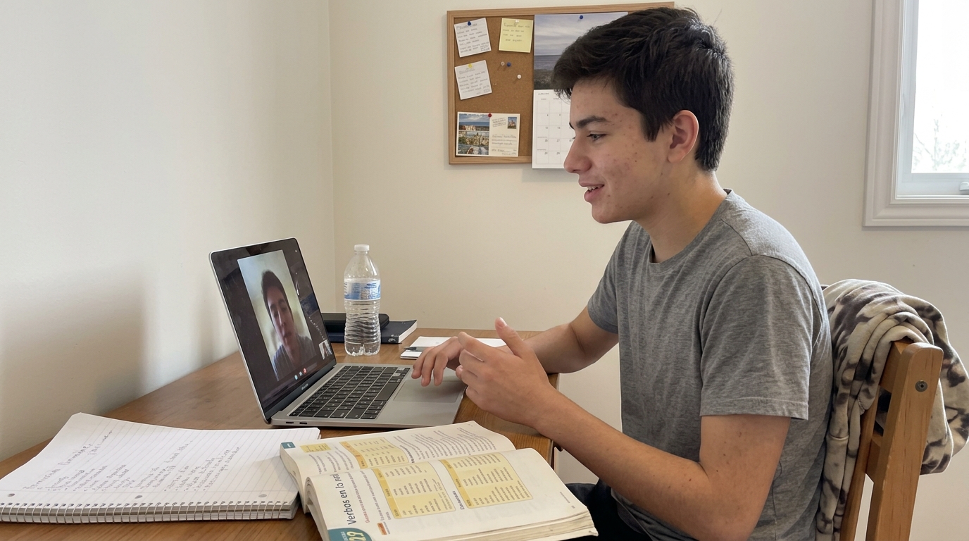 Senior secondary student practising Spanish with a language-exchange partner on a laptop video call from a home study desk.