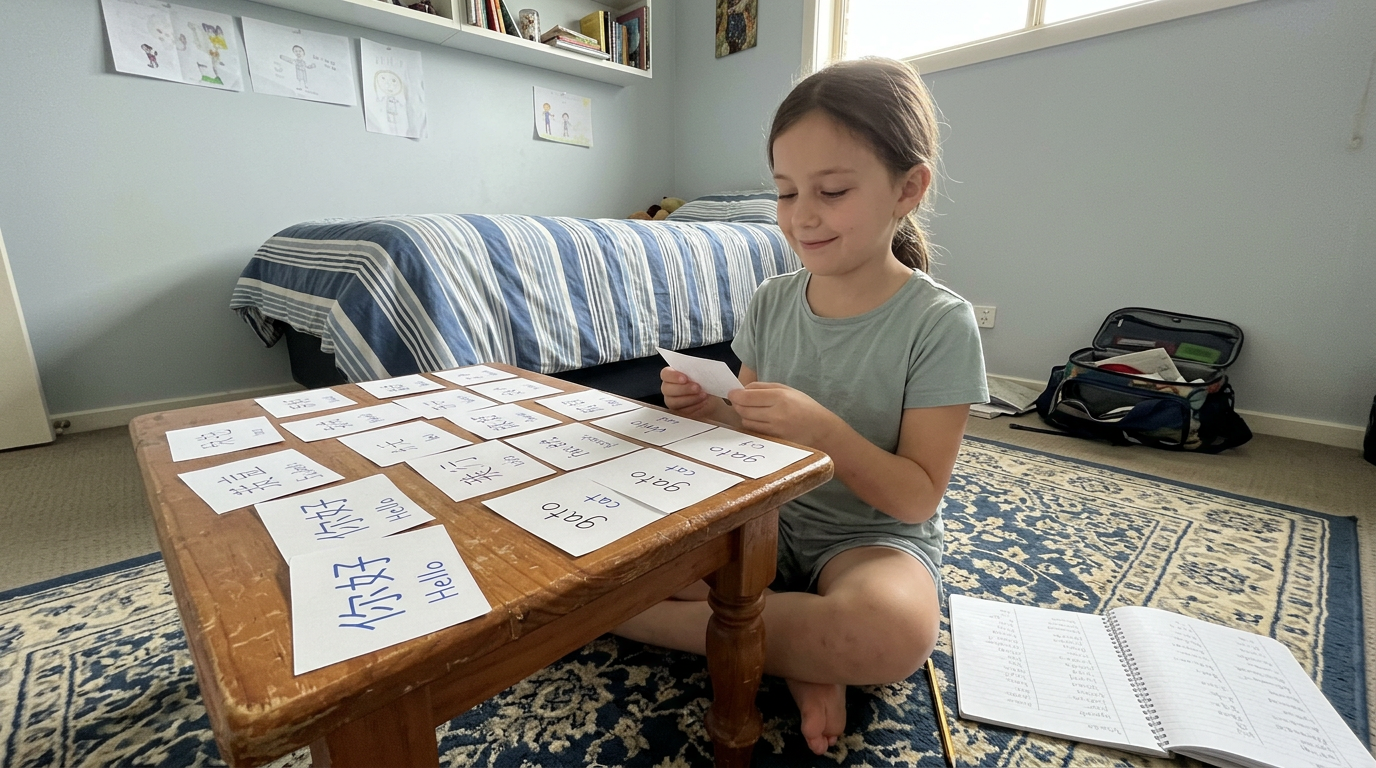 Primary-aged child working through paper Mandarin and Spanish flashcards on a bedroom rug at home.