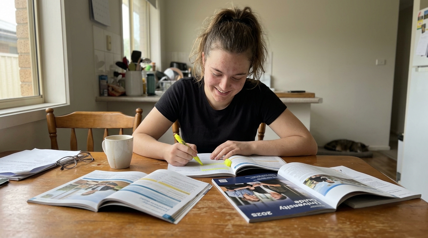 A Year 11 Australian student highlighting a course in an open university prospectus magazine