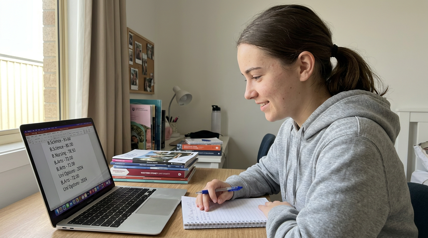 A Year 12 Australian student researching course ATAR cutoffs on a laptop at a sunlit desk