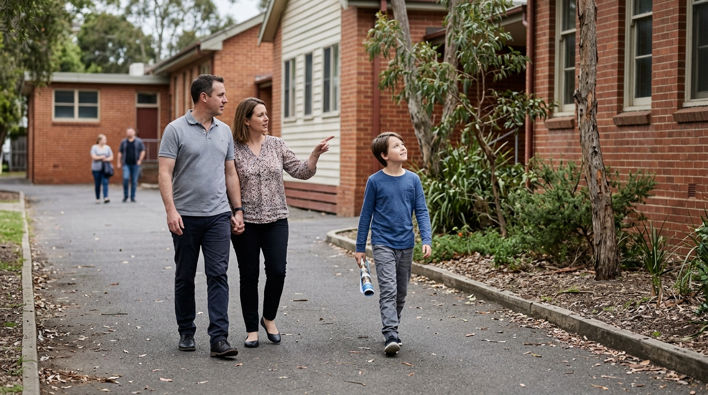 A family walking through the grounds of a prospective new school on an open-house visit, looking around at the buildings together.